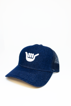 Load image into Gallery viewer, Embroidered Logo Denim Trucker Hat (Centered)